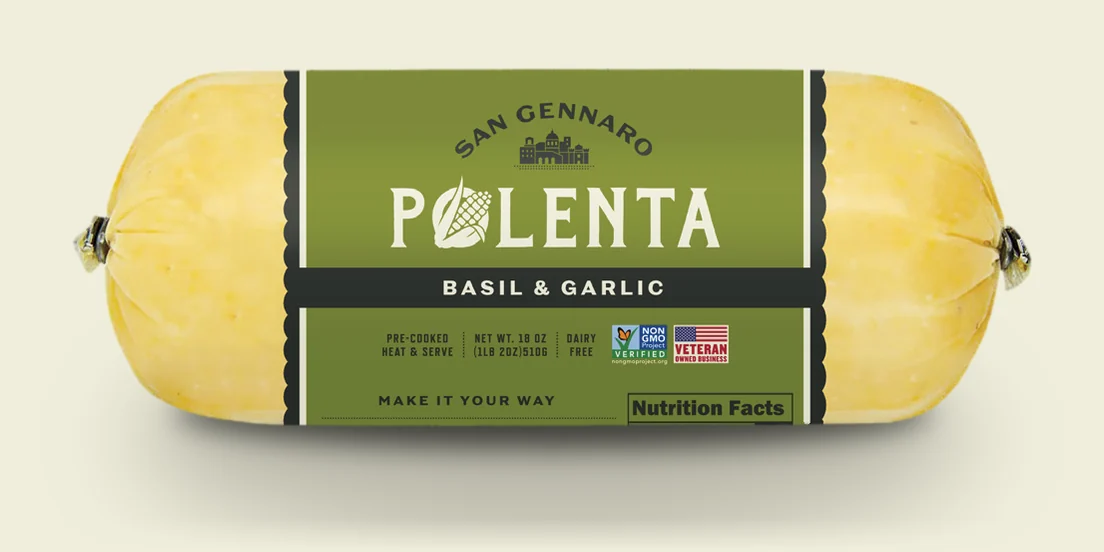 San Gennaro Basil & Garlic Polenta, an 18 ounce roll with an olive green label and a charcoal flavor band.
